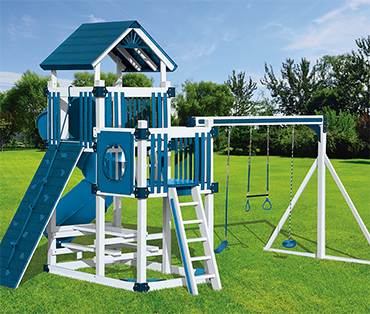 Swing Kingdom Double Tower RL-2 Turbo Tower, vinyl playset sold, installed, serviced by Play King, South Florida Woodplay dealer
